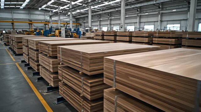 Stacks of finished wood panels, likely MDF or plywood, are neatly stored in a large, modern factory warehouse, ready for the next stage of furniture manufacturing or distribution