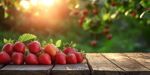 Sweet strawberries on rustic table with berry farm background in warm sunlight, perfect for food advertising, wellness branding, organic product packaging