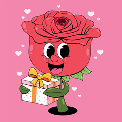 Retro Cartoon Rose Character Holding a Gift
