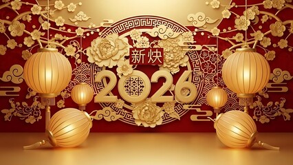 Gold paper cutout 2026 new year decoration with red background and lanterns for chinese new year celebration