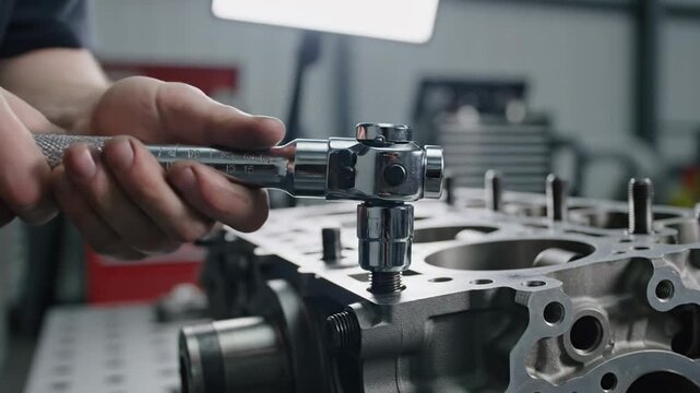 Mechanic uses precision torque wrench to assemble engine block with deliberate click in automotive workshop