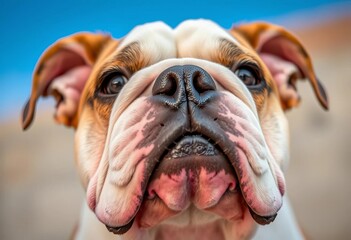 Close-up of a brindle English Bulldog's expressive face, showing its distinctive jowls, broad head, and adorable wrinkles,  pet,  fawn