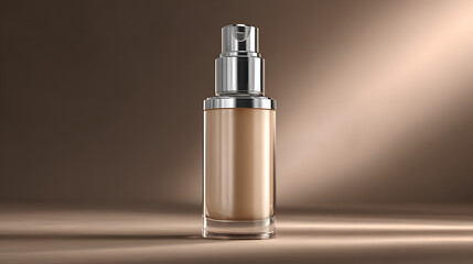 Naklejka premium tall glass pump bottle mockup with silver dispenser for cosmetic foundation on brown background