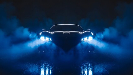 A sleek, dark sports car with its headlights blazing brightly, shrouded in dramatic blue smoke, creating an atmospheric and powerful automotive scene.