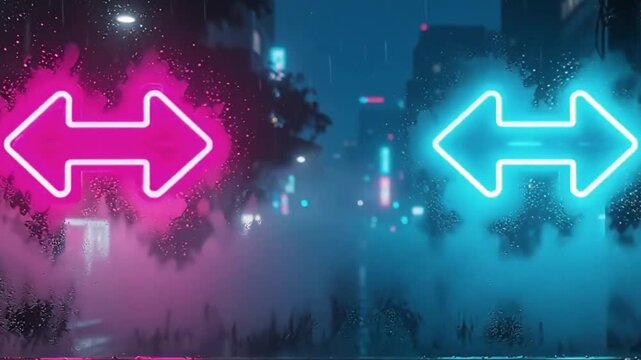 Bright Neon Arrows Flashing Through a Fogged Window