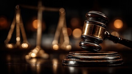 Antitrust law enforcement, gavel and scales of justice on a dark background, symbolizing fair competition and regulation, monopolies and business litigation concepts