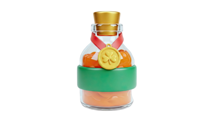 Glass bottle with orange contents, gold medal, and shamrock.