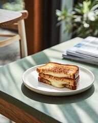 Aesthetic photo of an appetizing grilled cheese toast on a white plate on a light table in a caf&eacute;