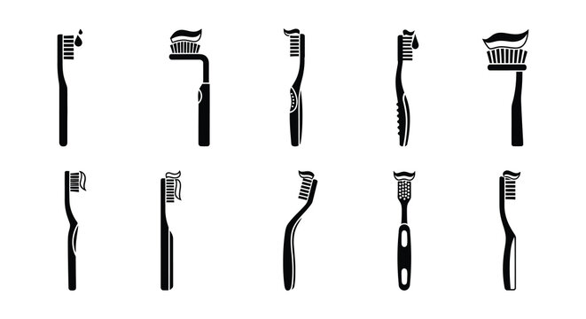 A collection of various black and white toothbrush silhouettes arranged in rows