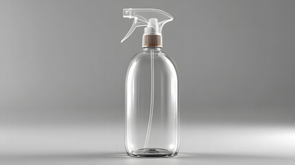 Clear plastic empty spray bottle with transparent trigger mechanism on light gray studio background outline