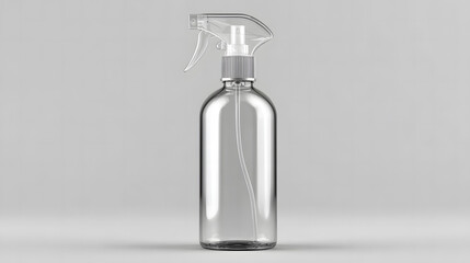 Empty transparent plastic spray bottle with nozzle and pump mechanism for cleaning product presentation