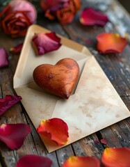 Offener antiker Umschlag mit Herz auf Tischhintergrund. 