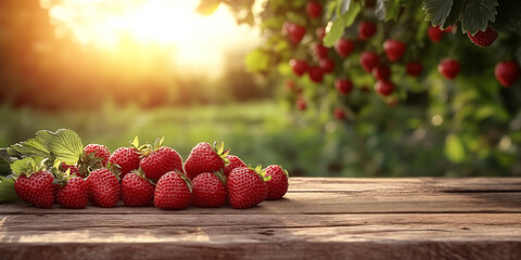 Sweet strawberries on rustic table with berry farm background in warm sunlight, perfect for food advertising, wellness branding, organic product packaging