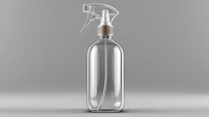 Clear glass spray bottle with trigger pump sprayer mockup on grey background for cleaning products hair care liquids or cosmetic packaging