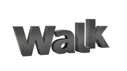 3 D concrete letters spelling W A L K with cracks on black background walk word