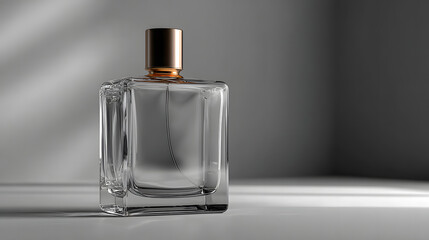 Square clear glass perfume bottle with black metallic cap placed on white surface with dramatic window light and shadows elegant aesthetic