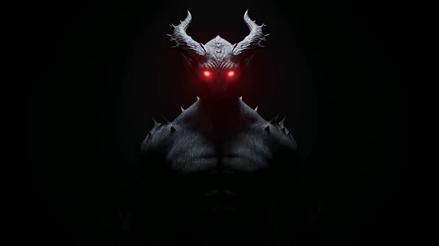 Sinister horned demon emerges from darkness with glowing red eyes