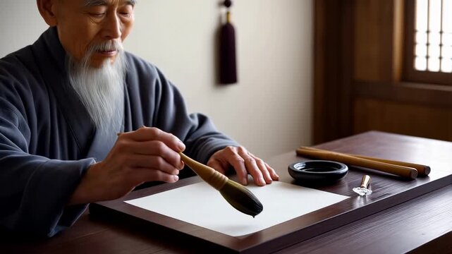 Exploring art: elderly man skillfully engaging in calm japanese calligraphy practice