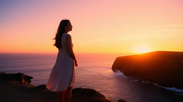Woman watching breathtaking coastal sunset on cliff edge