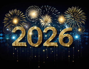 Sylwestrowe tło ze złotym napisem 2026 i fajerwerkami na niebieskim tle