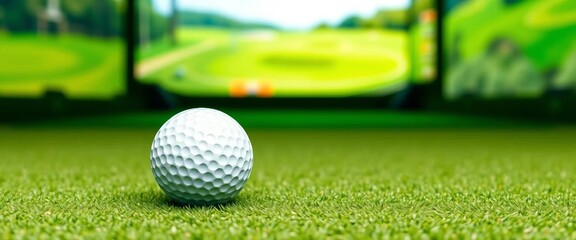 White golf ball with a black dot on a vibrant green field, enclosed by a green wall, with a golf simulator in the background,  athletic,  golf course