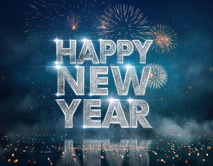 New Year's Eve background with fireworks with silver "Happy New Year" lettering in the night sky