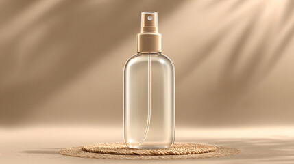 Fine mist spray bottle mockup in warm beige tones with palm leaf shadows on woven coaster for summer beauty and sunscreen product design