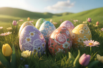 Happy easter sunday celebration with colorful eggs and flowers in a green meadow