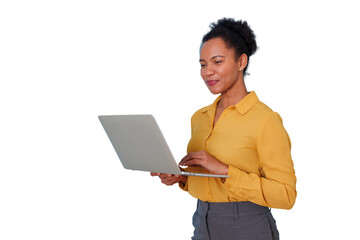 Professional woman standing and working on laptop, managing business remotely, using modern technology for flexible work