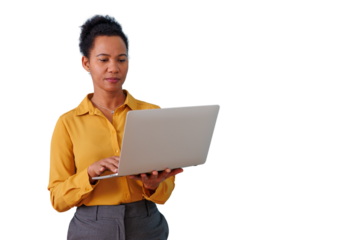 Professional african american businesswoman typing on laptop, presenting online information, working with digital technology, transparent background