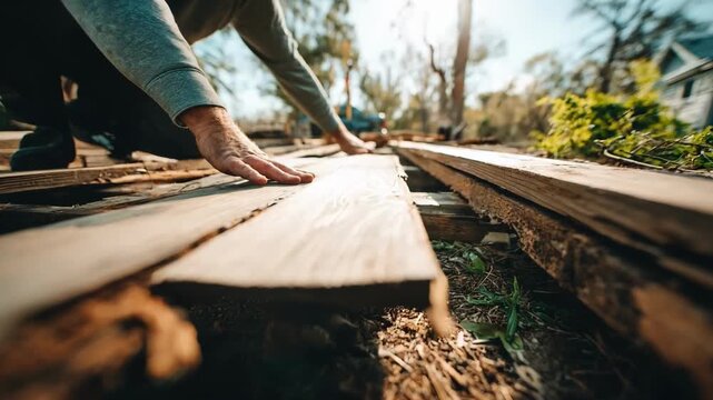 Medium shot focusing on hands repairing damaged deck boards to restore structural integrity before sealing