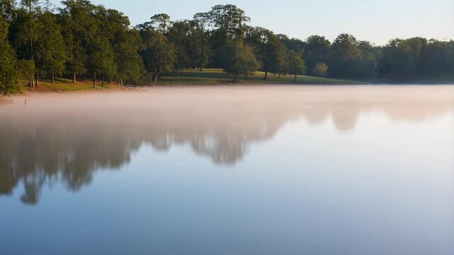 Misty lake sunrise to twilight: nature's calm reflections in three phases