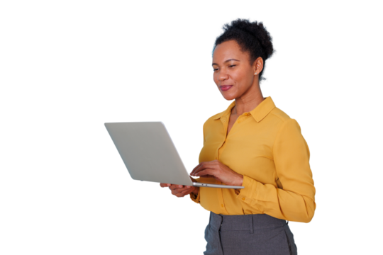 Professional woman standing and working on laptop, managing business remotely, using modern technology for flexible work - Powered by Adobe