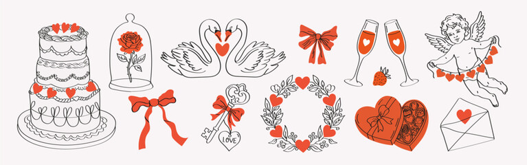 Cute vintage hand drawn elements with whimsical bows, ribbons, hearts, cupid, flowers and cake. Charming line art vector illustrations for Valentine&rsquo;s Day, wedding invitations, greeting cards and roma