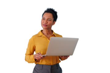 Black businesswoman holding laptop and smiling. She stands on a transparent background, depicting professional remote work and technology
