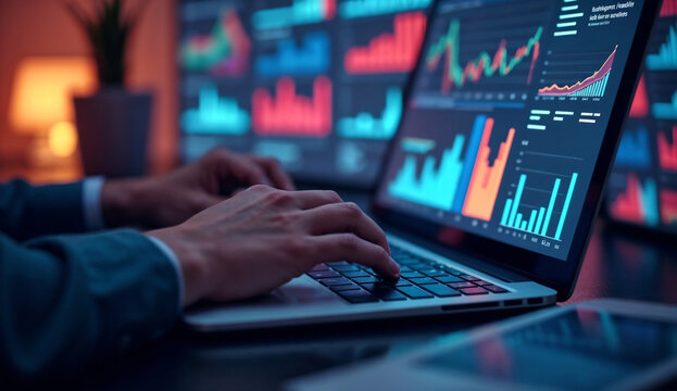 Person types on a laptop near graphs and charts. - Powered by Adobe