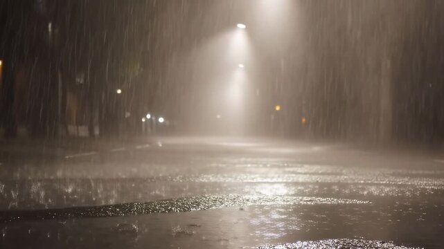 Eerie night streetscape with heavy rainfall and glowing streetlights