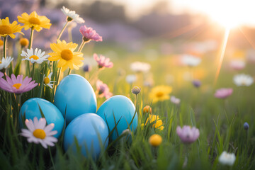 Happy easter sunday wishes with blue eggs and colorful flowers in a sunny meadow