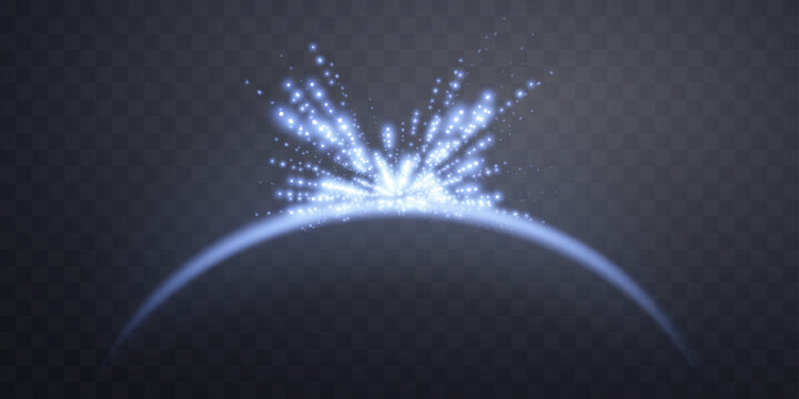 Blue magic arch with glowing particles, sunlight lens flare. Neon realistic energy flare arch. Abstract light effect on a transparent background. Vector illustration.