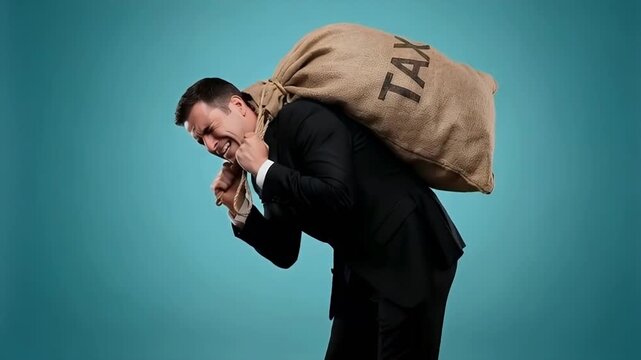 Businessman Carrying Heavy Tax Burden Sack &ndash; Financial Stress, High Taxes Concept