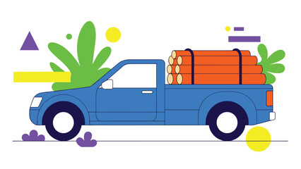 Naklejka premium Vibrant and modern illustration of a blue pickup truck carrying logs, set against a backdrop of abstract colorful shapes and plants.