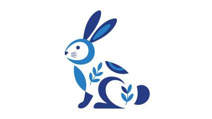 Fototapeta premium Stylized illustration of a sitting rabbit in shades of blue, decorated with geometric shapes and delicate folk art-inspired floral patterns.