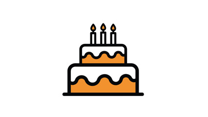 Simple and clean icon of a two-tiered birthday cake with three lit candles, illustrated with a bold outline and minimal color.