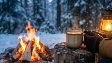 A person enjoying a warm beverage by a campfire in a snowy forest
