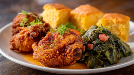 A plate of Southern-style fried chicken with collard greens and cornbread on a wooden table