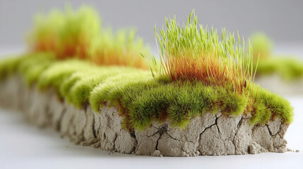 Close up of vibrant green moss and grass growing on cracked, dry soil, creating striking contrast between life and aridness. soft textures and bright colors evoke sense of resilience