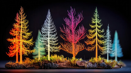 Vibrant display of colorful, illuminated trees on dark background creates magical forest scene. glowing hues of red, orange, yellow, and blue add surreal and enchanting atmosphere