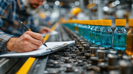 A worker is writing notes while inspecting bottles on a conveyor belt at a manufacturing facility. The worker ensures that all items meet quality standards during the production process