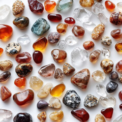 Collection of colorful polished stones and crystals displayed white background, showcasing their natural beauty and variety. stones vary size, shape, and color, creating visually appealing pattern