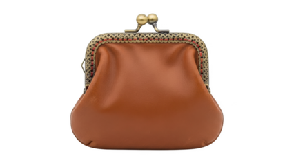 Brown leather coin purse with ornate metal clasp and trim on black background wallet clutch